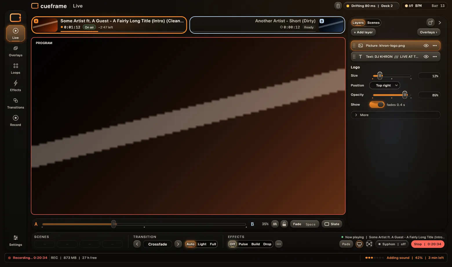 The Cueframe Live window: two decks, the program picture, layers, the fader strip, and the Scenes, Transition and Effects bar