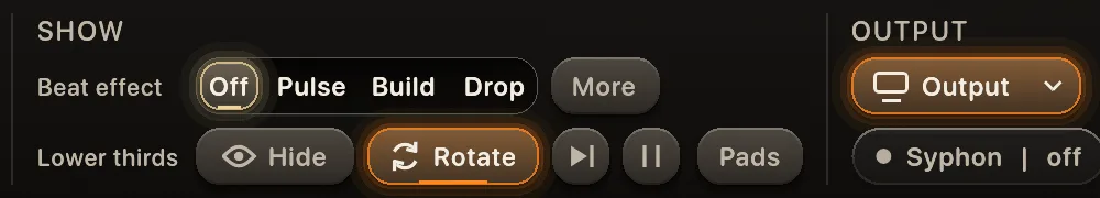 The Live bar's Lower thirds keys: Hide, Rotate, skip, pause